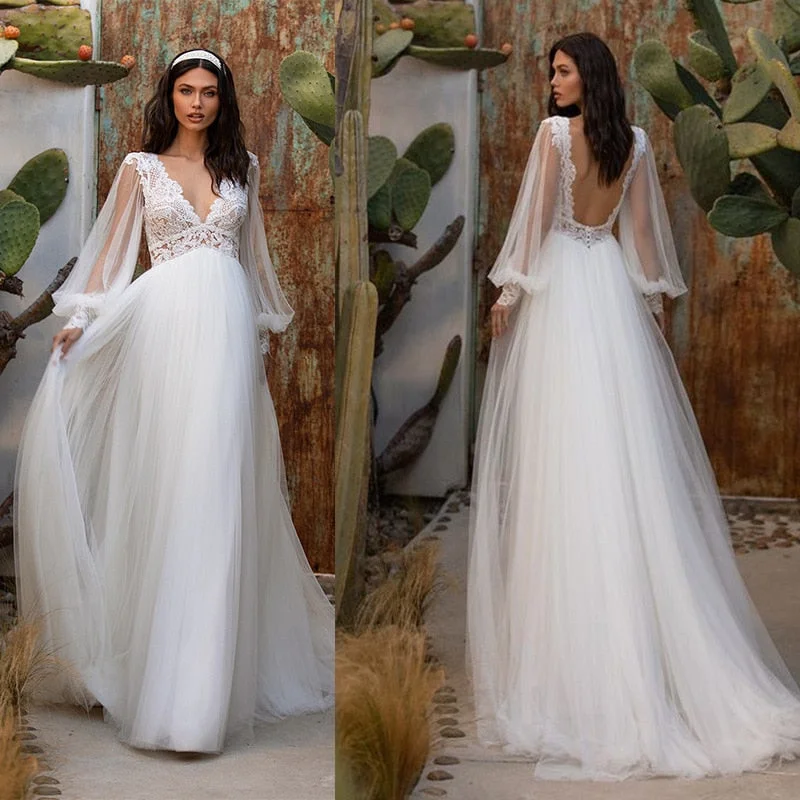 Cinessd  2022 New White Dress Lace V-Neck Wedding Dress Sexy Backless  Chiffon  A-LINE  Summer Fashion Dress