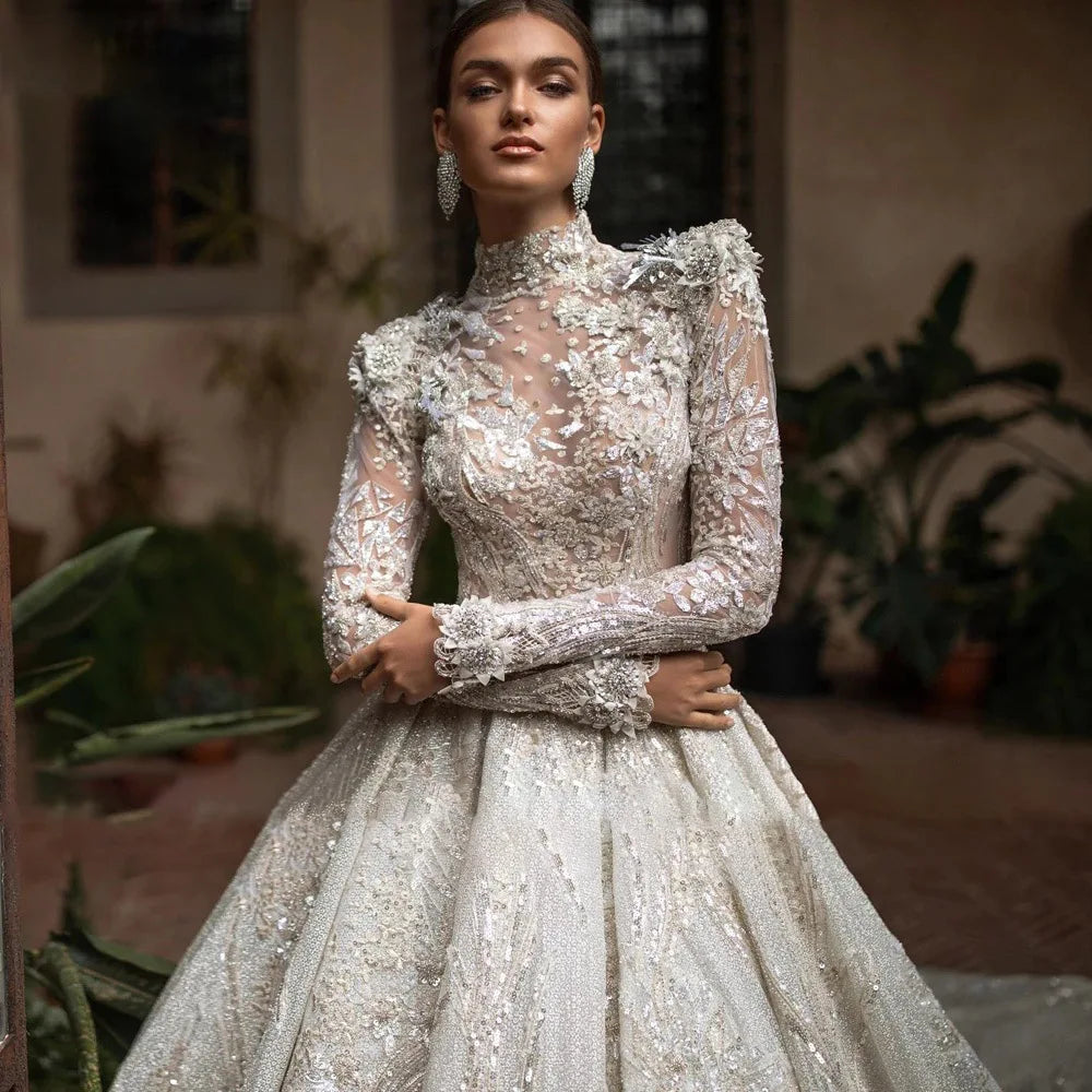 Cinessd 2024 Exquisite A Line Royal Wedding Dresses High Neck Lace Appliques Bridal Gown Customized High Quality Women Clothing