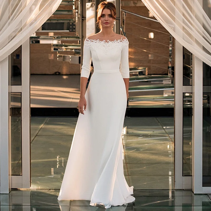 Cinessd Back to school outfit 3/4 Sleeve O-Neck Wedding Dress A-Line Lace Appliques Satin Civil Bridal Gown For Women Robe De Mariee Simle Civil Cheap