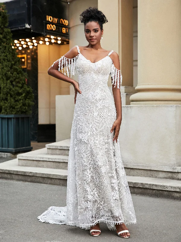 A-Line Lace Appliqued Sweep Train Wedding Dress Ivory