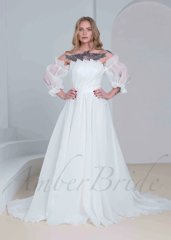 A Line Organza Wedding Dress with Folded Bodice and Detachable Puffy Sleeves