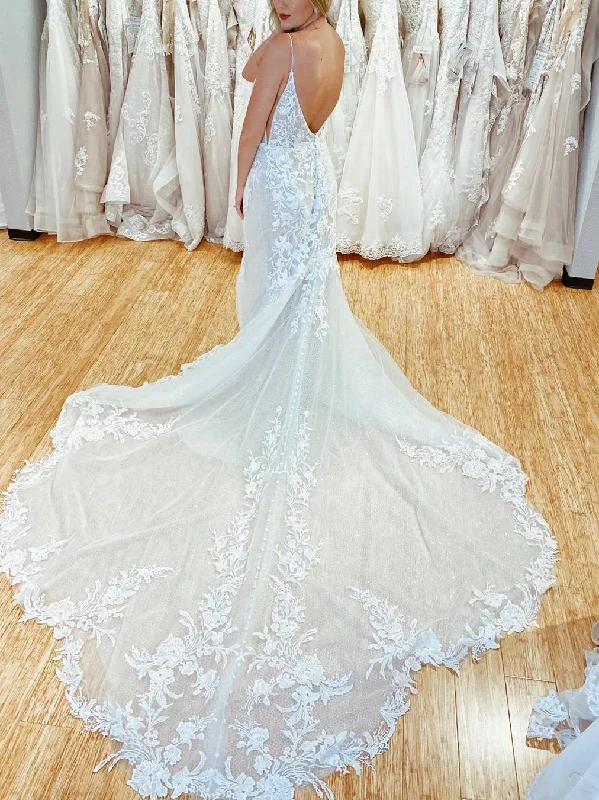 Amazing Spaghetti Straps Appliques Lace Wedding Dresses Mermaid Chapel Train Bridal Gowns WD435 Amazing Spaghetti Straps Appliques Lace Wedding Dresses Mermaid Chapel Train Bridal Gowns WD435