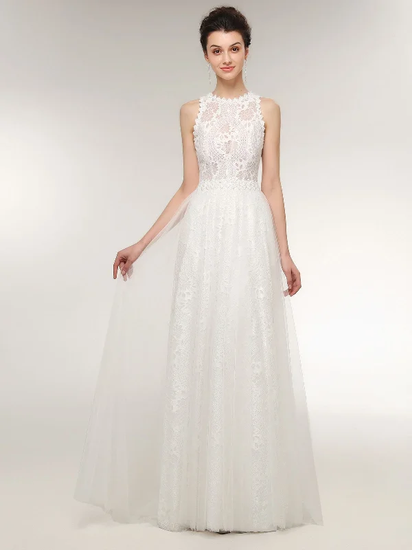 Lace Wedding Dress with See Through Bodice-Ivory