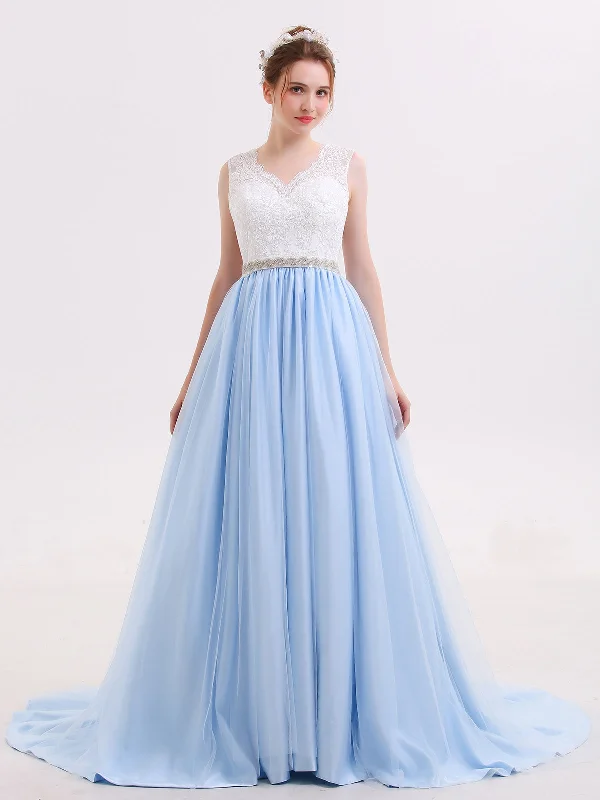 Lace Bodice Tulle Skirt Bridal Dress with Sash-Sky Blue