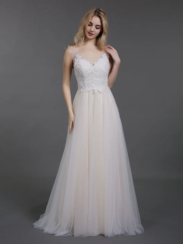 Lace Bodice Tulle Skirt Sweep Train Bridal Gown-Champagne