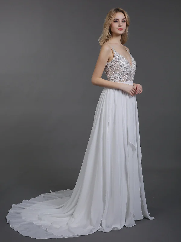 Chiffon with Beaded V-neck Wedding Dress-Ivory