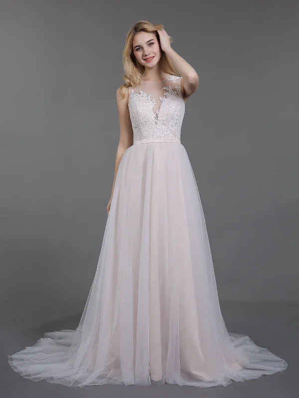 Lace and Tulle Wedding Dress with Button Back-Champagne
