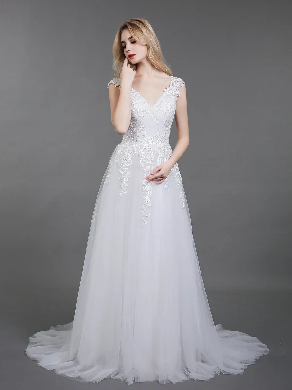 Open Back Tulle Bridal Gown with Cap Sleeves-Ivory