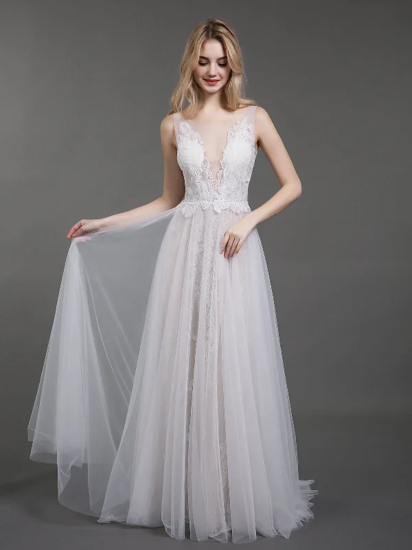 Lace and Tulle Simple Beach Wedding Dress-Ivory