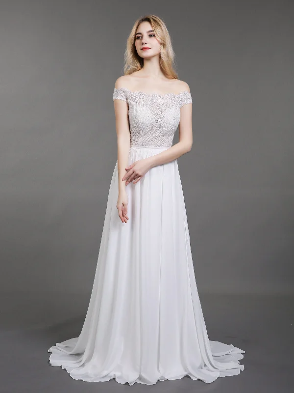 See Through Bodice Off Shoulder Wedding Gown-Ivory