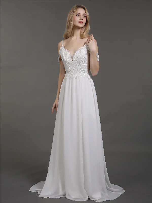 Spaghetti Strap Chiffon Simple Wedding Dress-Ivory