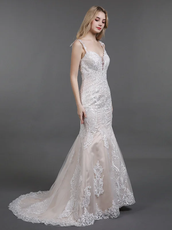 Vintage Lace Mermaid Wedding Dress with Train-Champagne