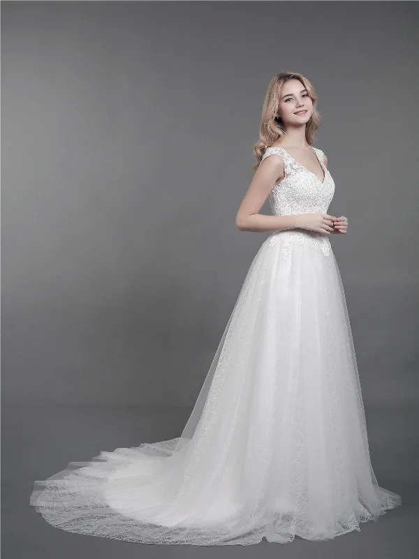 Shoulder Strap Lace Wedding Gown with Train-Ivory