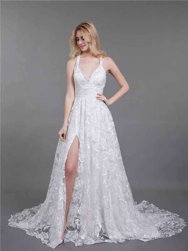 Lower Back Lace Wedding Dress with Slit-Ivory