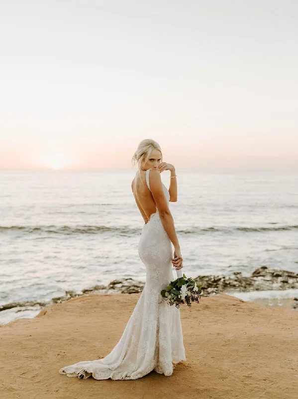 Backless V-Neck Lace Sexy Wedding Dresses lSleeveless Mermaid Long Bridal Gowns WD361 Backless V-Neck Lace Sexy Wedding Dresses lSleeveless Mermaid Long Bridal Gowns WD361