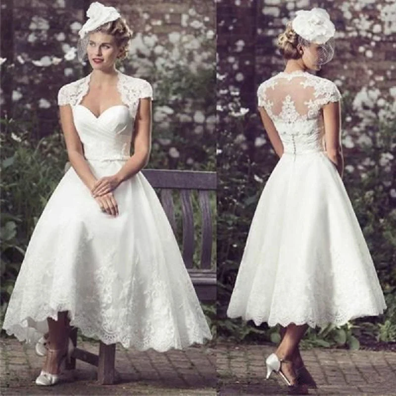 Cinessd Back to school outfit Beach  Short Wedding Dresses Tea Length Bride Dress Cap Sleeves Sweetheart Lace Robe De Mariée Vestido De Novia A-For Women