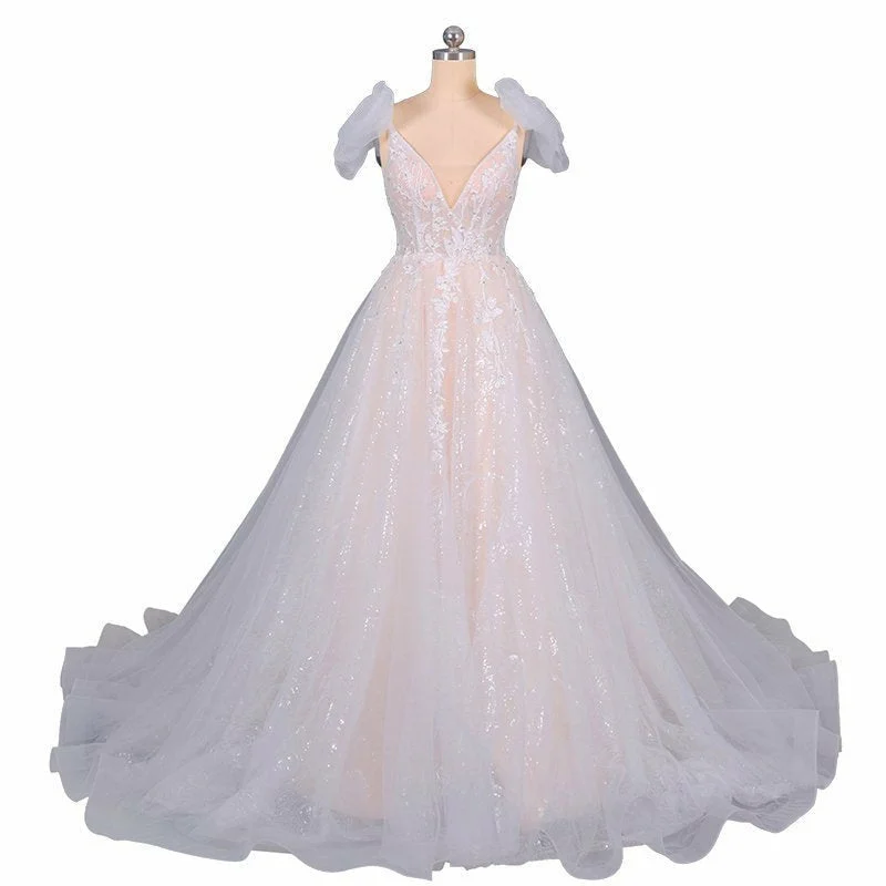 Sexy V-Neck Beaded Applique Sequin Wedding Dress