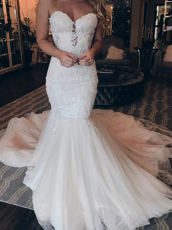 Beautiful Off-The-Shoulder Strapless Tulle Mermaid Long Wedding Dresses With Beaded Appliques WD508 Beautiful Off-The-Shoulder Strapless Tulle Mermaid Long Wedding Dresses With Beaded Appliques WD508