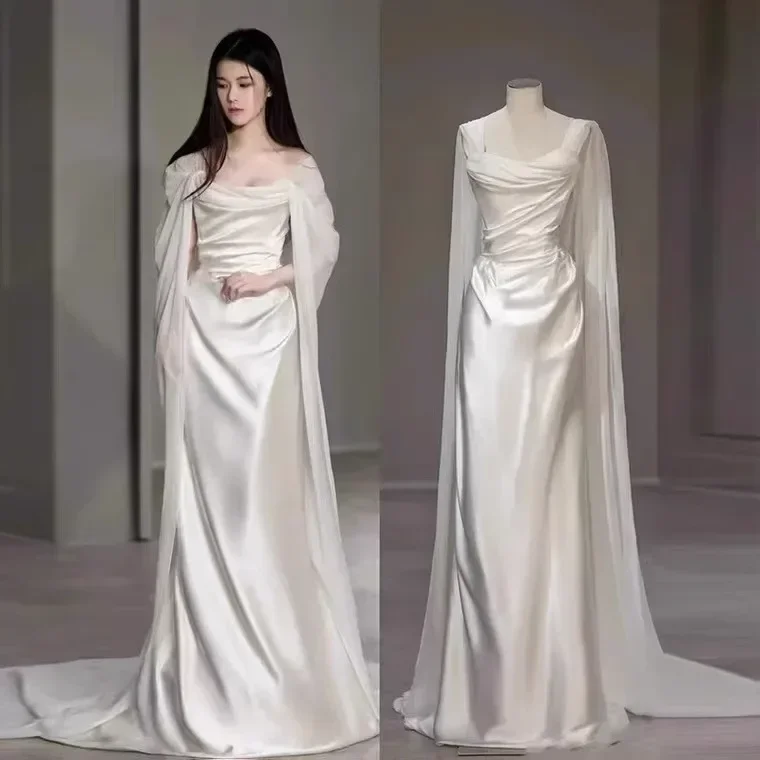 Beautiful Wedding Dress New Simple Two Wear Slim Satin White Prom Dress cc1656