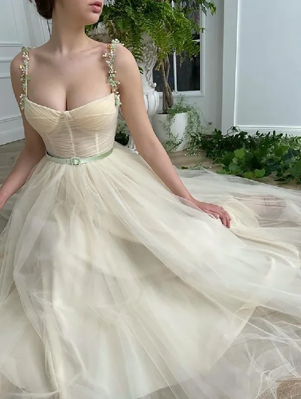 Beige Fairy Tulle Prom Dress  Beads Straps Fairy Prom Gown, Handmade Tea-length A-Line Tulle Ball Gown Wedding Dress c2752