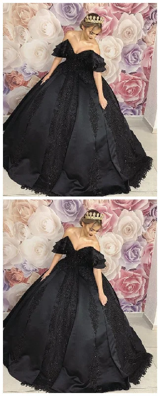 Black ball gown wedding dresses ruffles shoulder prom dress    cg11252