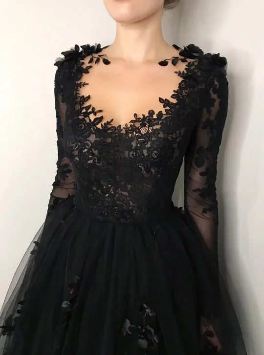 Black Long Prom Dress Gothic style Wedding Dress Tulle Evening Dress c3301