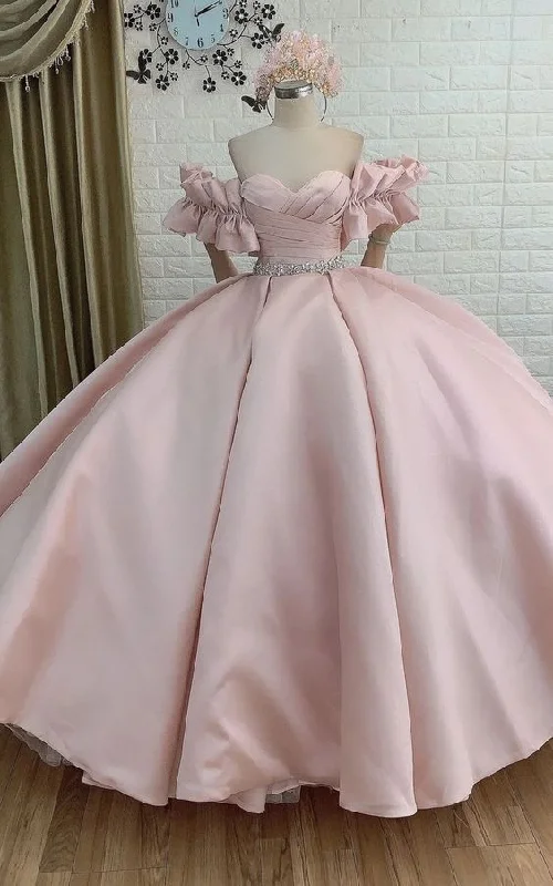 Blush pink satin ball gown wedding dress with ruffle sleeves cc264