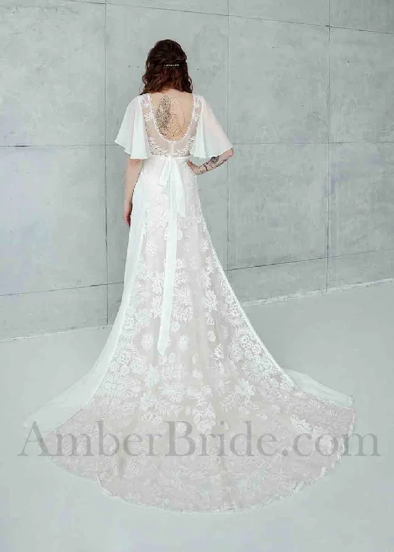 Boho A-Line Chiffon Wedding Dress with Lace Flowers, Cape Sleeve and Backless Design