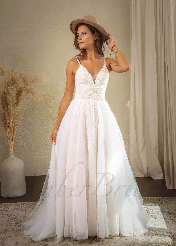 Boho A Line Tulle Wedding Dress with Spaghetti Straps
