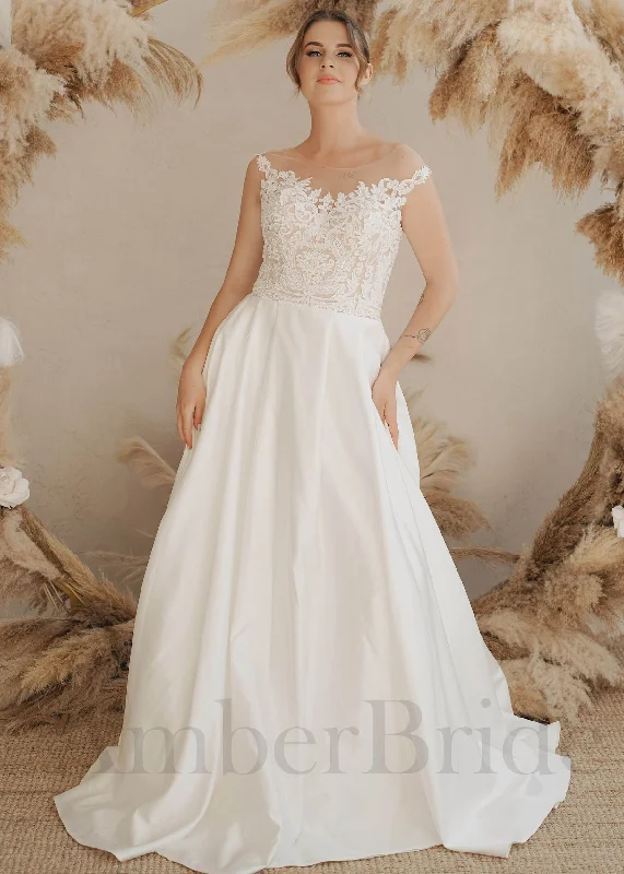 Boho A-Line Wedding Dress with Open Back and Satin Skirt