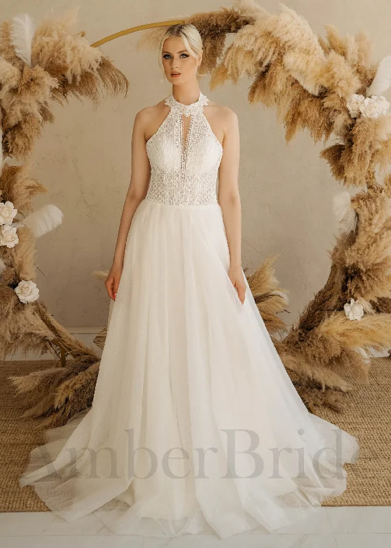 Boho Lace Wedding Dress with Halter Neck and Low Back