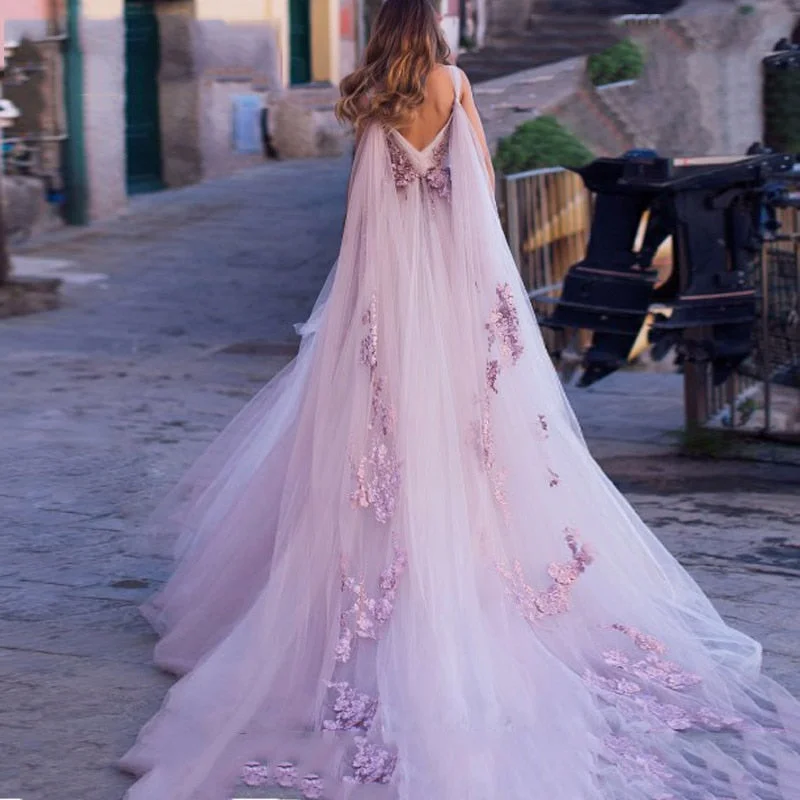 Cinessd Back to school Boho Wedding Dress 2024 3D Flowers Light Purple Beach Bride Dresses Backless Puff Tulle Wedding Gowns Long Train Floor Length