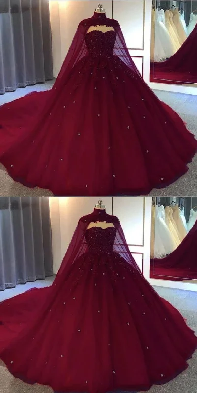burgundy ball gown wedding dressTulle Prom Dresses    cg16776