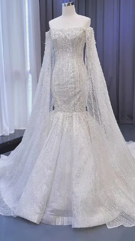Cape Sleeve Heavy Beaded Wedding Dresses Off the Shoulder Mermaid Prom Dress C2414