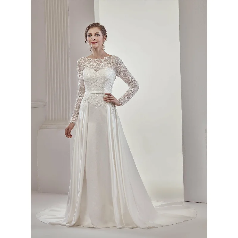 Long Sleeves Chantilly Lace Satin Wedding Dress