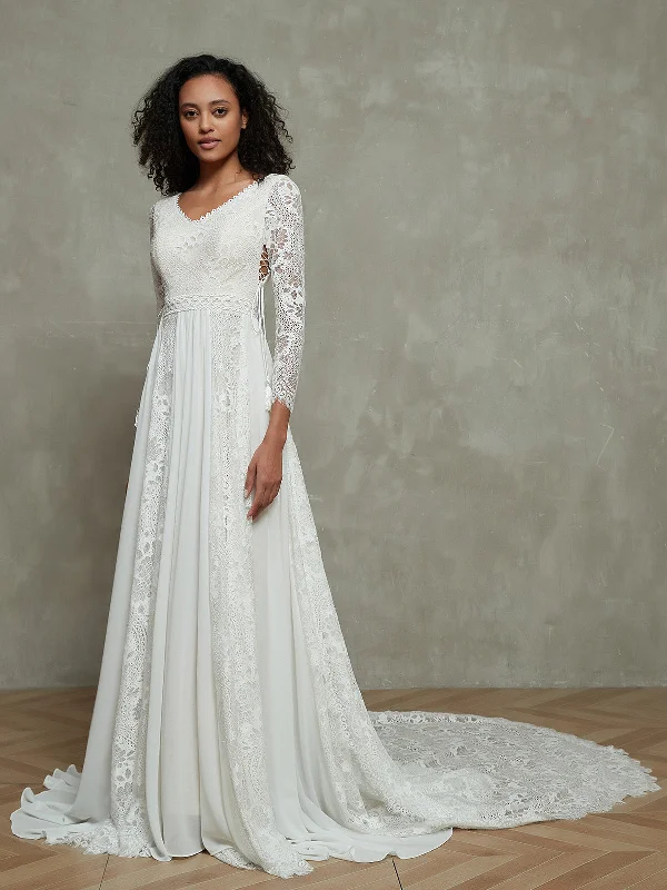 Chiffon and Lace Boho Wedding Dresses with Long Sleeves-As Picture