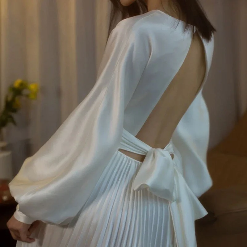 Cinessd  Backless Wedding Dress Elegant V-neck Formal Occasion Dresses Long Lantern Sleeves Simple A Line Pleated Robe De Mariage