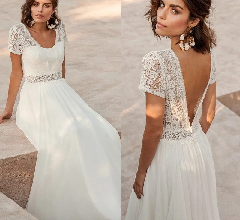 Cinessd  glam dresses  Chiffon V-Neck Boho Wedding Dress For Women   Short Sleeves Floor Length Backless Bridal Gown Robe De Marie Custom Made