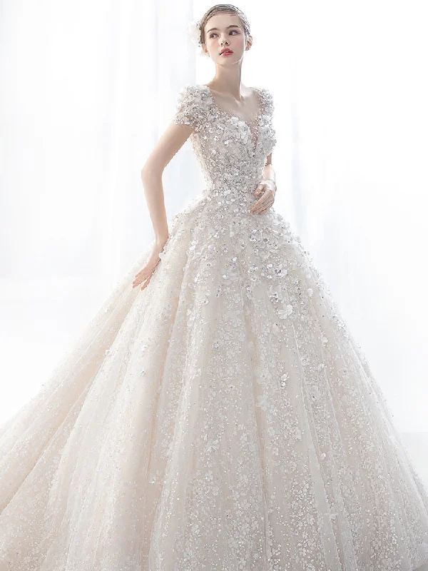 Cinessd Luxury Handmade Wedding Dress Shining Sequin Sapplique Princess Ball Gown Court Train Vintage Bridal Dresses Vestido De Noiva