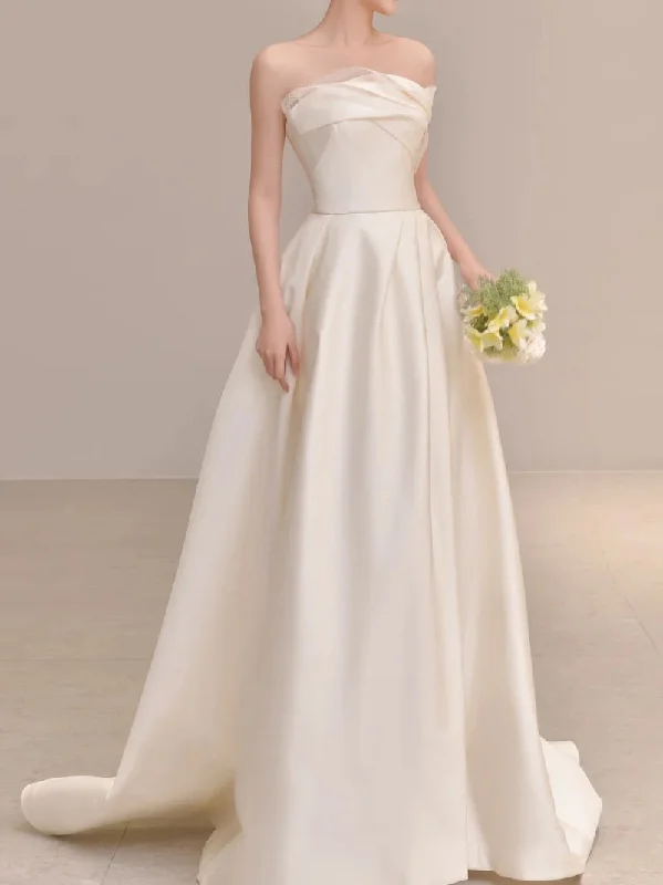 Cinessd   Simple White Satin Split Wedding Dress Train A Line Wedding Dresses Women Traje Novia Vestido Noiva Strapless Bride Gown