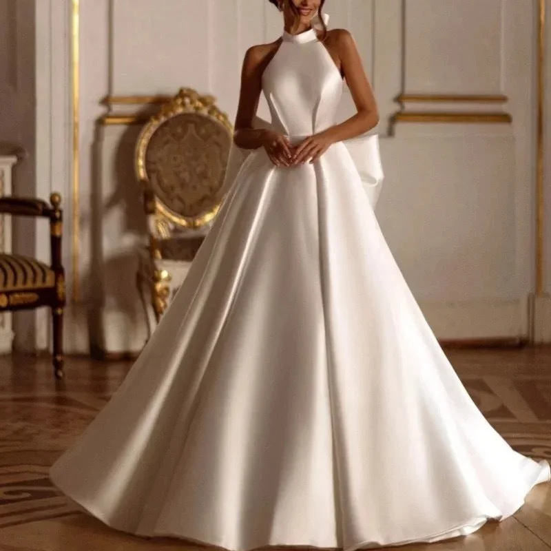 Cinessdshop princess costume ideas French Style Light Luxury High-Grade Satin Wedding Dress Simple Sexy Front Slit Bridal Outdoor Yarn Classic Halter Evening Dress