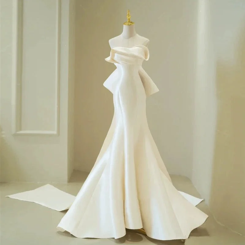 Cinessdshop white dress Tube Top Satin Light Wedding Dress Bridal Main Yarn Simple High-Grade French Style Outdoor Yarn Fishtail Temperament Welcome Dress for Women