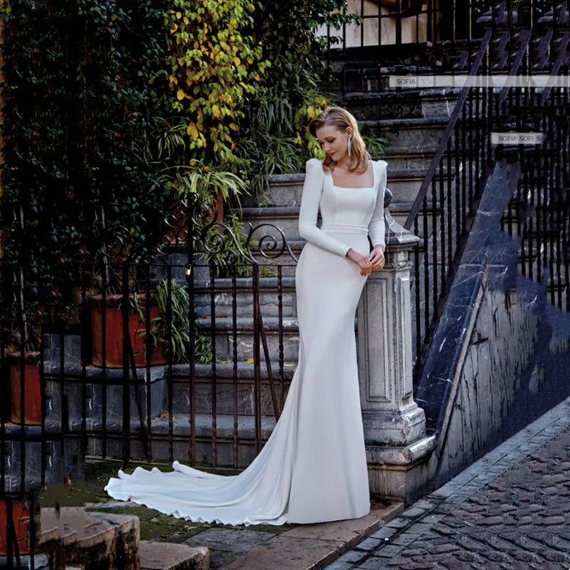 Cinessd Classic Long Sleeves Wedding Dress Square Collar Mermaid Wedding Gown Simple Backless With Button Bridal Dress Robe De Mariee