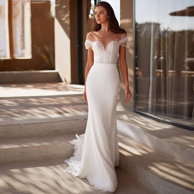 Cinessd Back to school outfit Classic Mermaid Short Sleeves Bridal Wedding Dresses For Women Lady Illusion Neckline Pearls Wedding Gowns For Bride Sheer Back