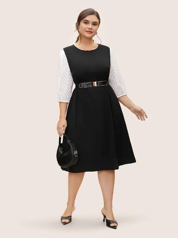 Crew Neck Patchwork Lantern Sleeve Dress