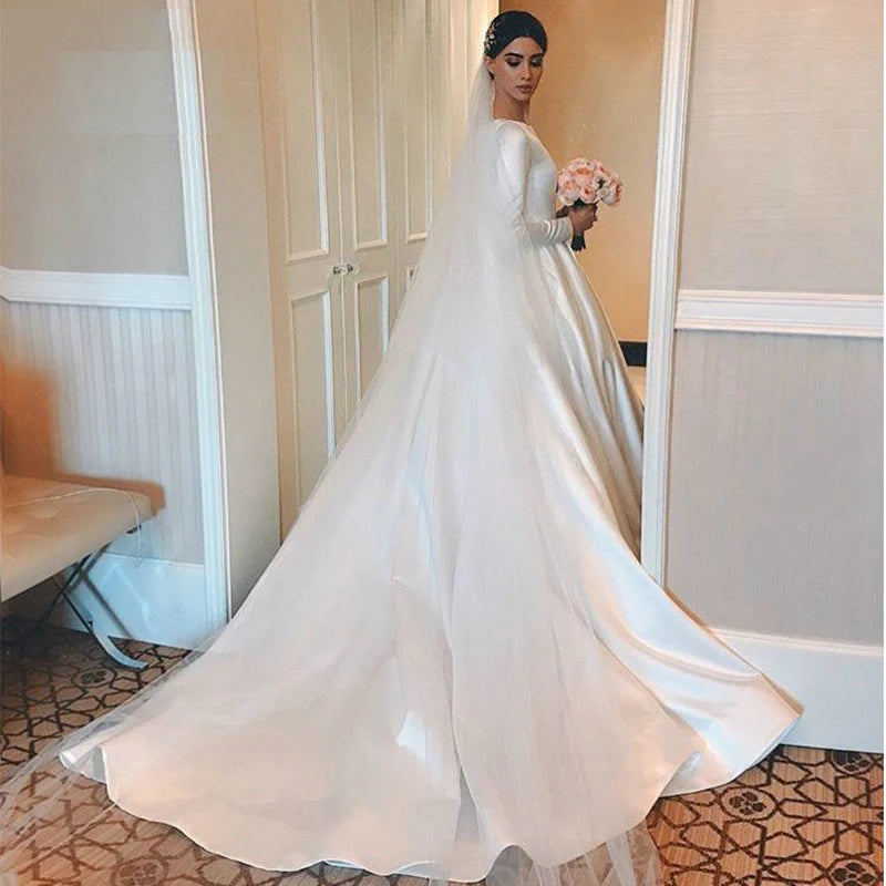 Cinessd Customized Vestidos De Novia Simple Vintage White Satin Wedding Dress Long Sleeves Princesa Bridal Gown CustomizedRobe Mariée