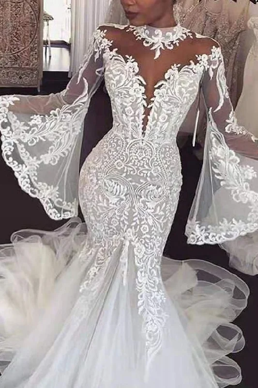 Dazzling High Collar Neckline Mermaid Wedding Dress With Lace Appliques & Bell Sleeves  Prom Party Dress  cg18443