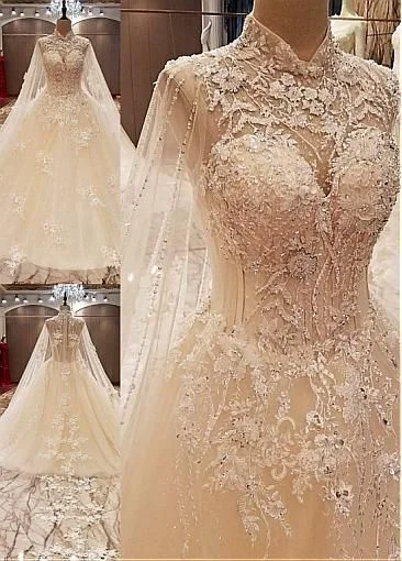 Delicate Tulle High Collar Ball Gown Wedding Dresses With Lace Appliques & Handmade Flower & Beadings C2415
