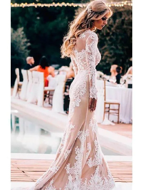 Delicate Lace Appliqued Mermaid Wedding Dresses With Long Sleeves WD261