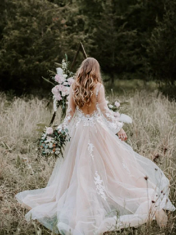 Dreamy Long Sleeves A-line Wedding Dresses Applique Tulle Backless Bridal Gowns WD527 Dreamy Long Sleeves A-line Wedding Dresses Applique Tulle Backless Bridal Gowns WD527